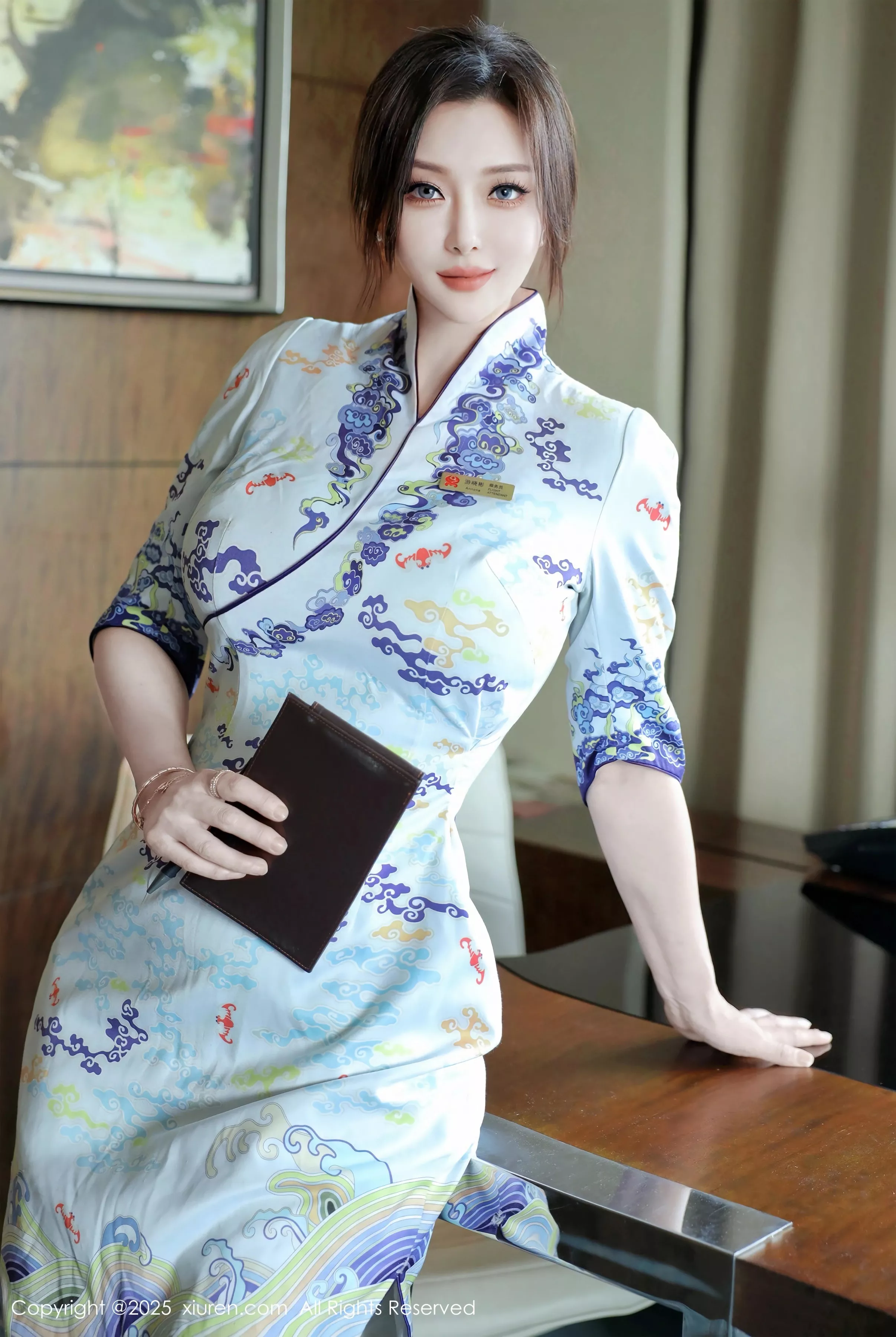 苏一诺性感青色旗袍露蓝色内衣配灰丝袜秀美腿绝美写真79P