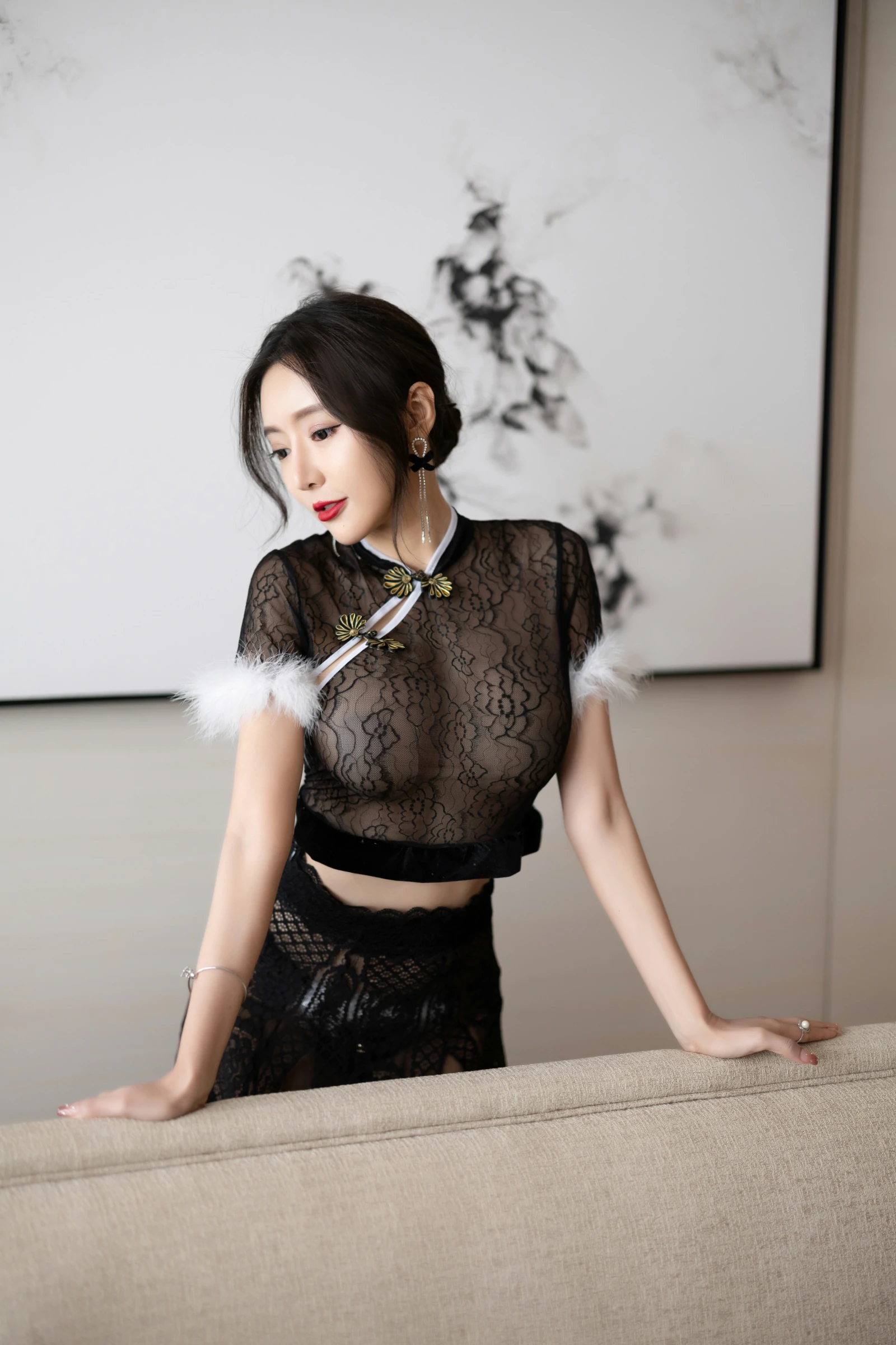 Paid Model] Wang Xinyao Yanni Seductive Private Photoshoot Benefits Black Mesh Qipao 87P 3