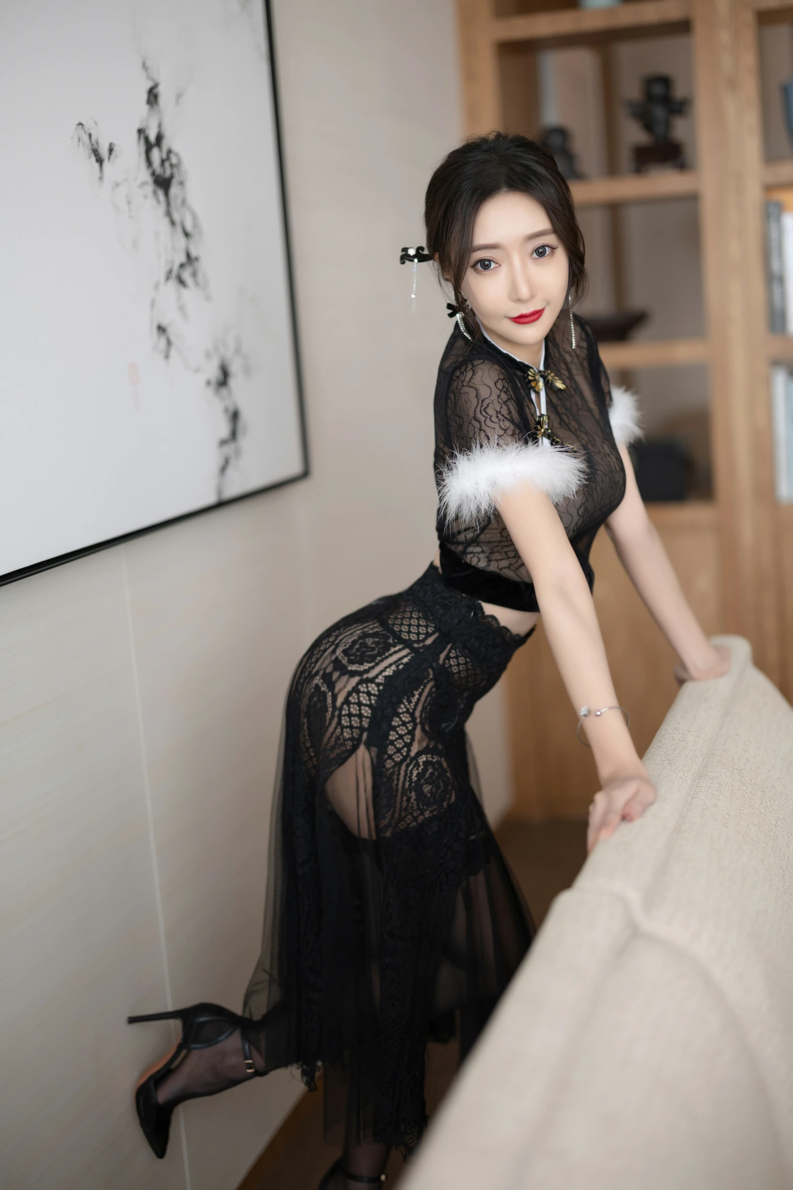 Paid Model] Wang Xinyao Yanni Seductive Private Photoshoot Benefits Black Mesh Qipao 87P 5