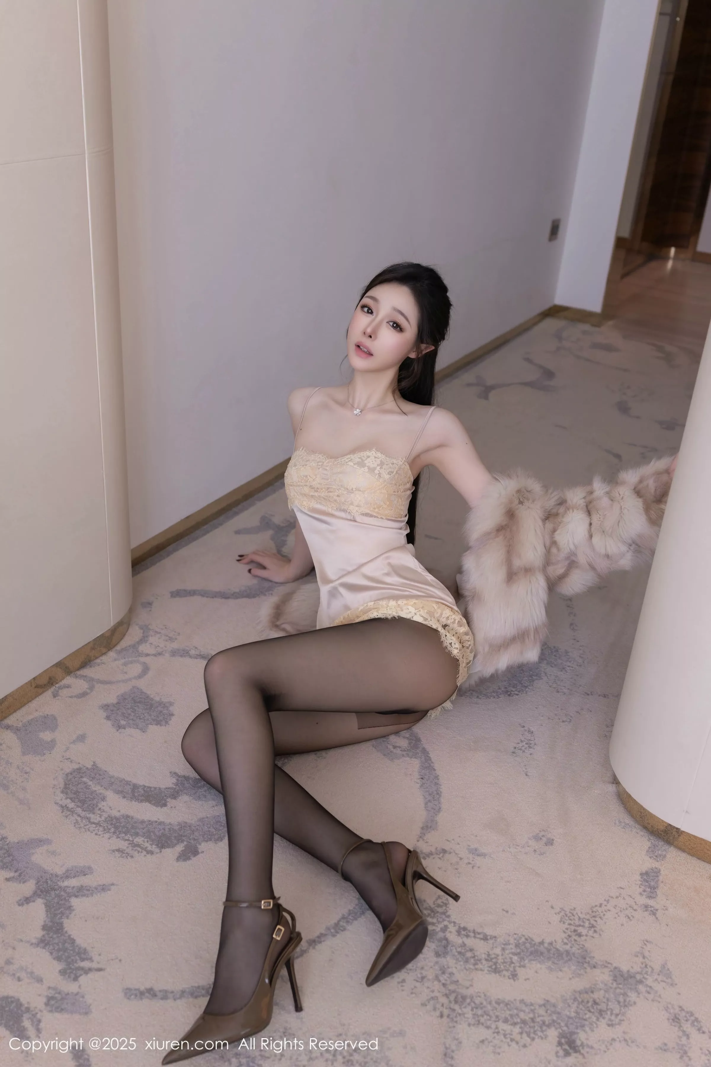 Little Comma Sexy Light Slip Dress with Ultra-Thin Seamless Black Stockings Showcasing Graceful Figure Beautiful Photoshoot 76P 7