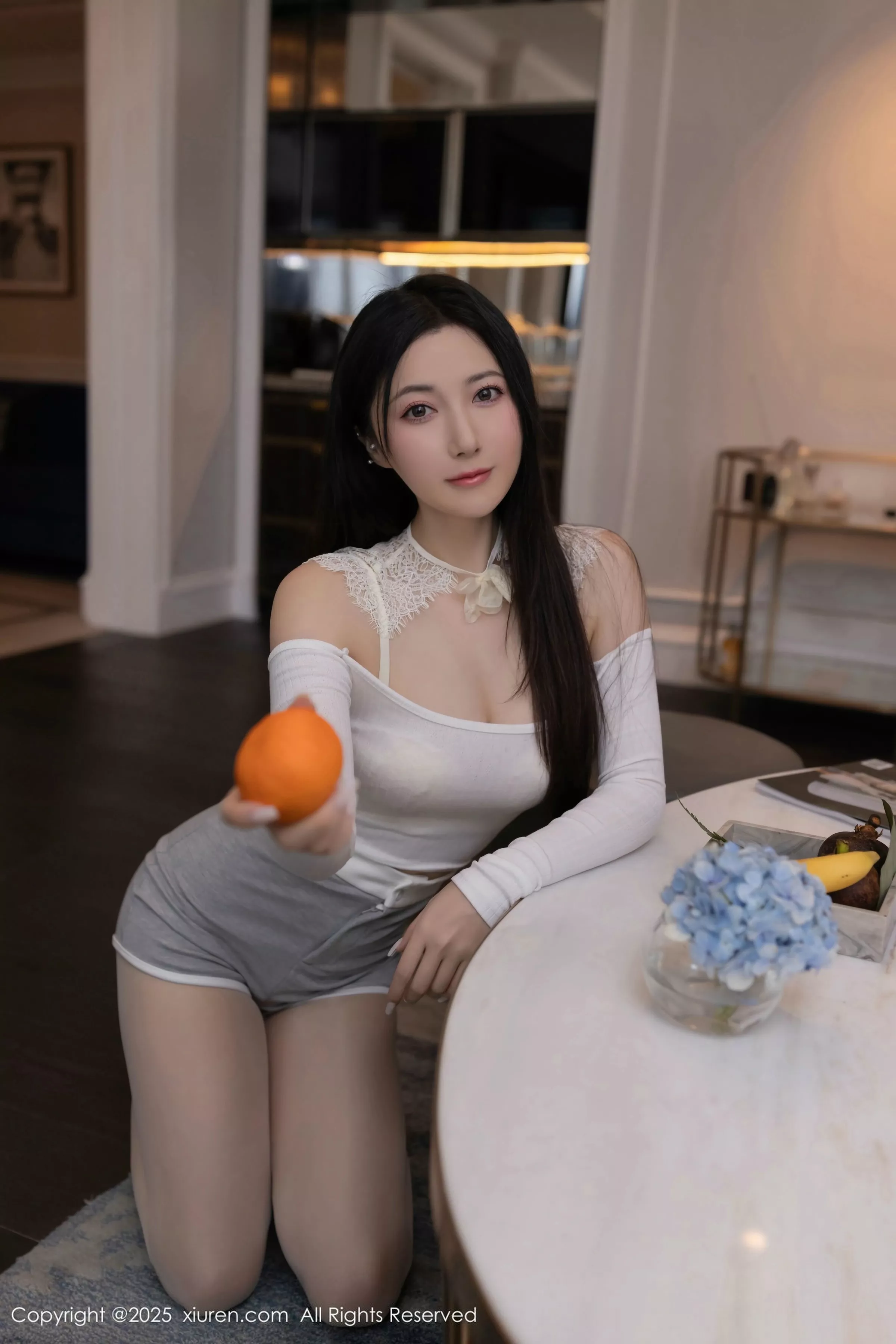 Caviar Fish Sexy White Short T-shirt Exposed White Lingerie Paired with Open Crotch White Stockings Beautiful Legs Stunning Photo Set 71P 6