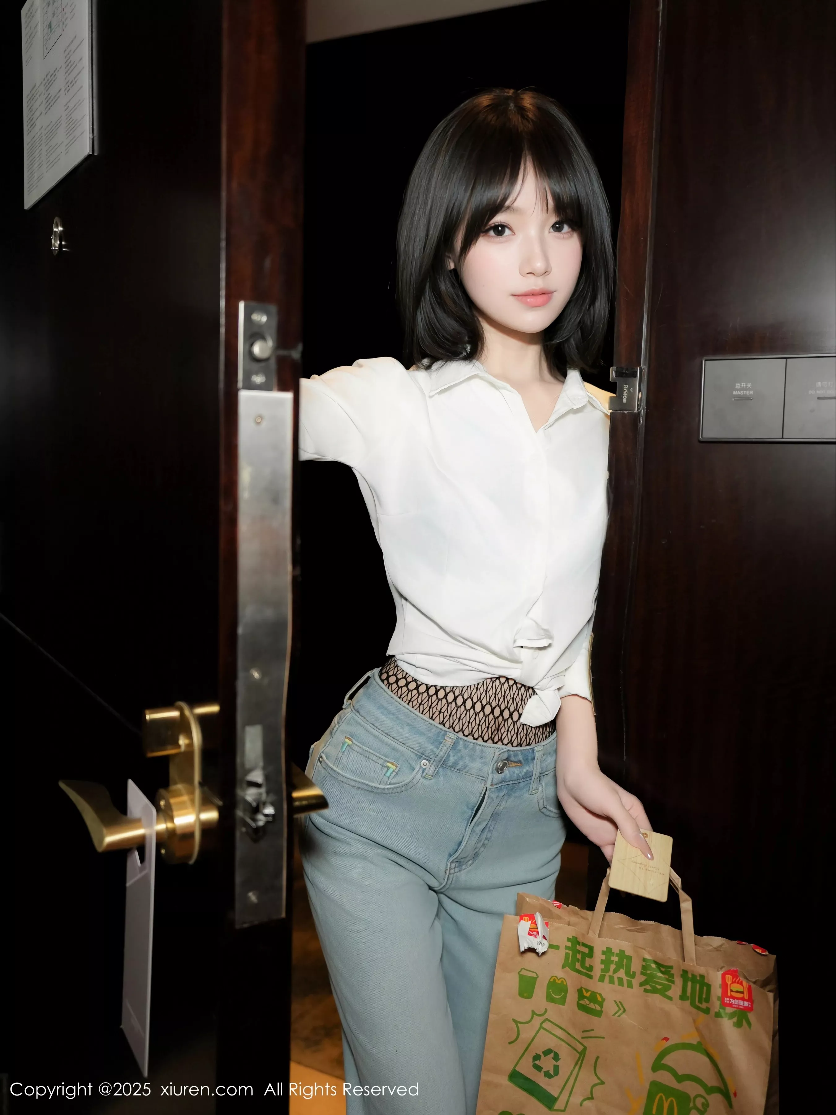 Sexy white T-shirt paired with jeans showing blue lace lingerie, showcasing graceful figure, absolutely beautiful photo set 69P