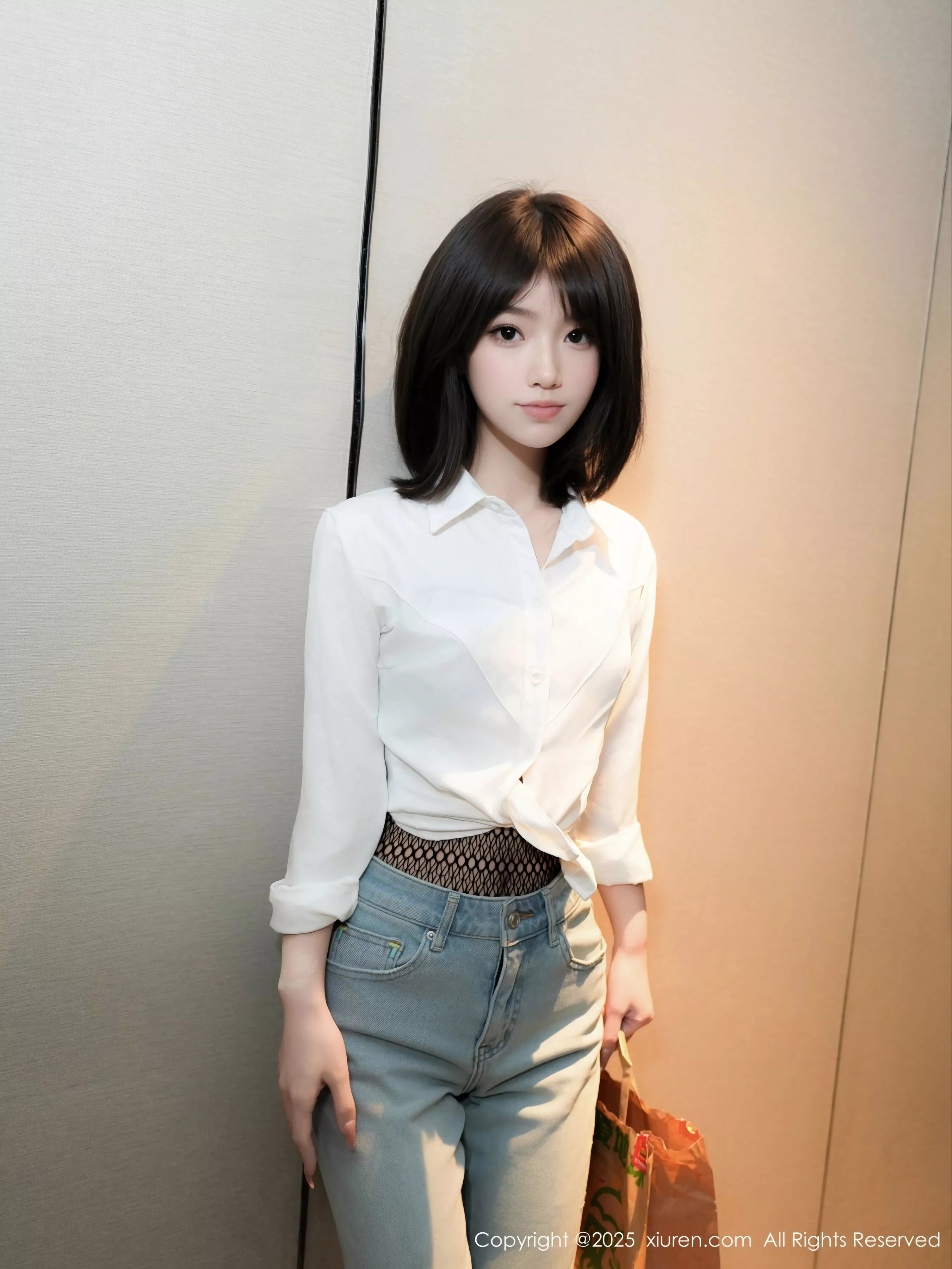 Sexy white T-shirt paired with jeans showing blue lace lingerie, showcasing graceful figure, absolutely beautiful photo set 69P