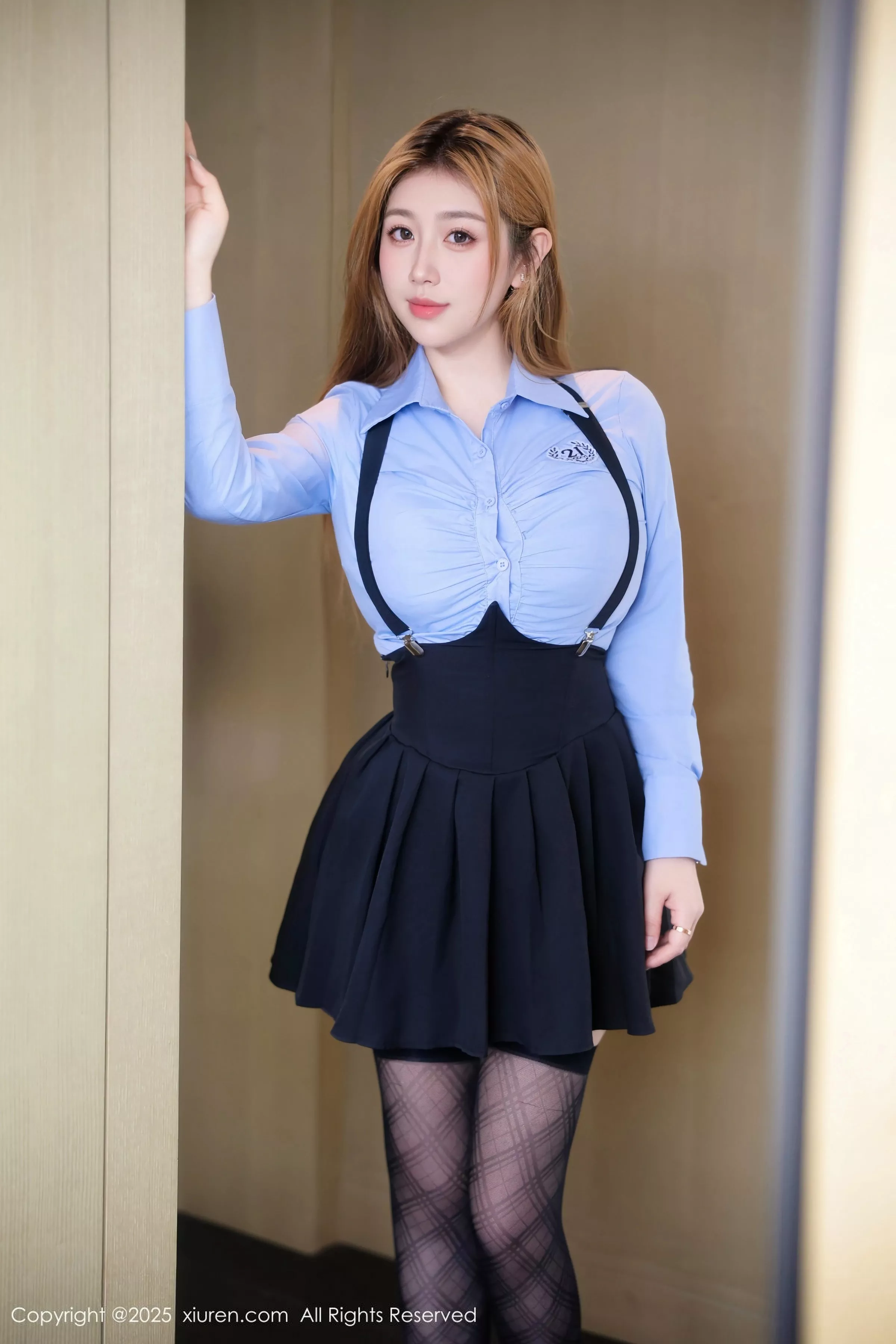 McDonald's Sexy Student Costume with Black Lingerie and Stockings Photo Shoot 86P