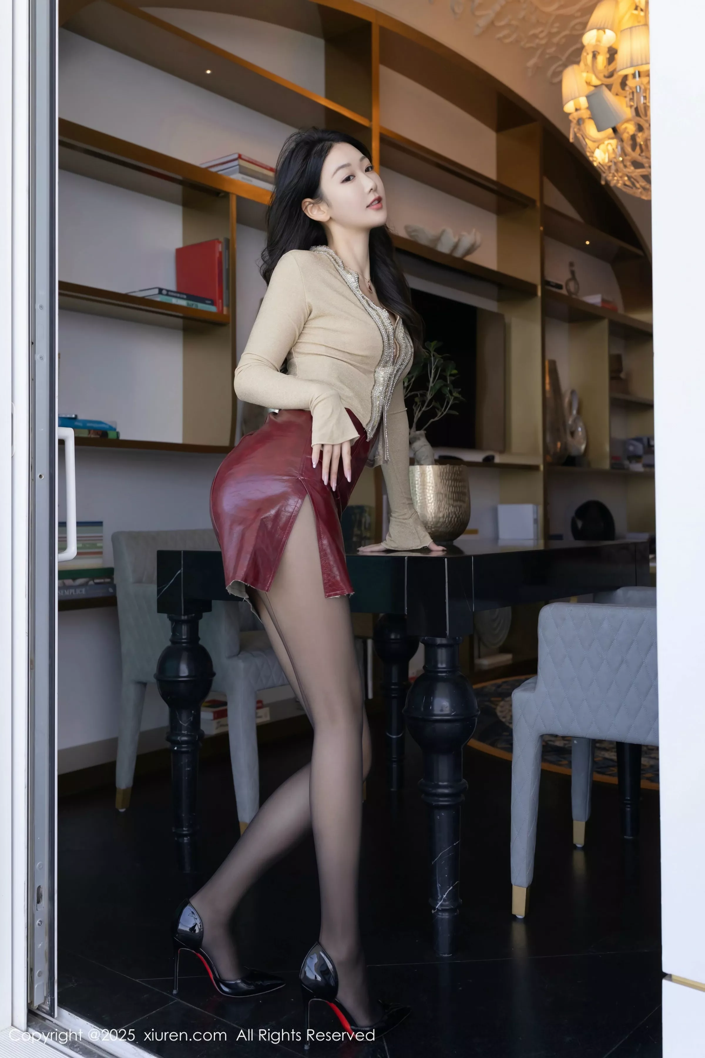 Tang Anqi sexy red lingerie and red leather skirt, showing ultra-thin black stockings, showcasing graceful figure, gorgeous photo shoot 82P 6