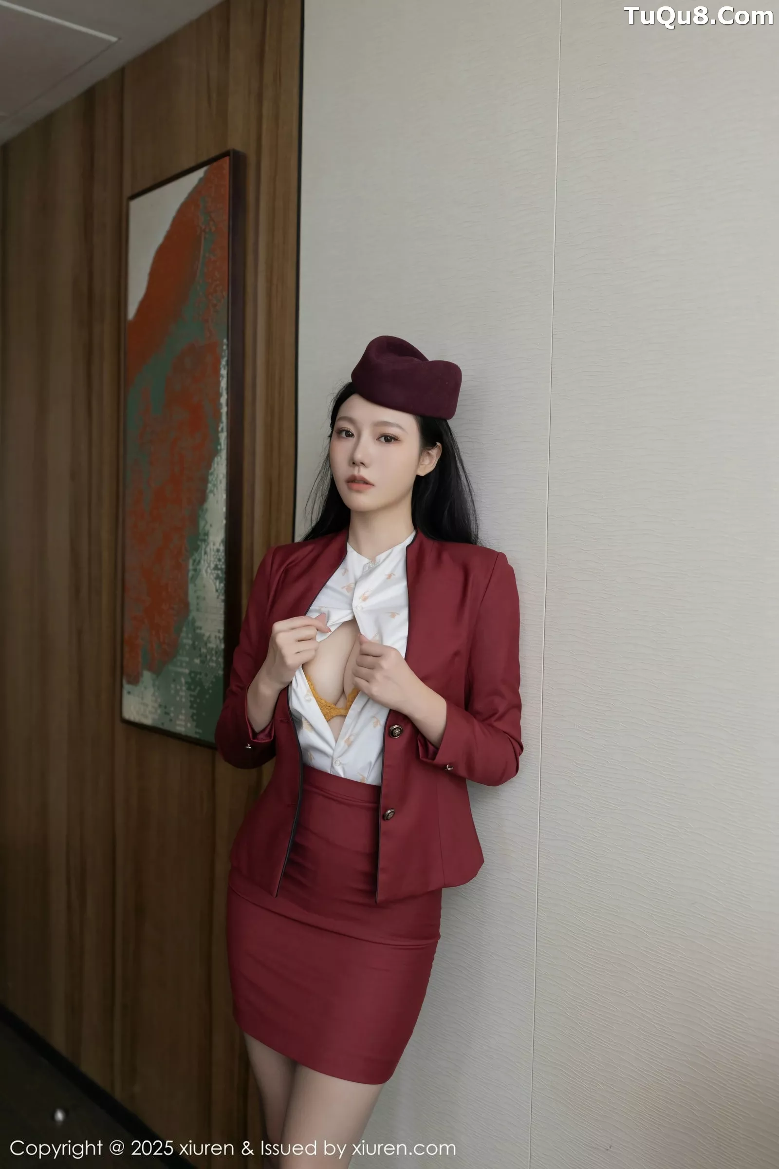 安然anran红色空姐制服露黄色蕾丝内衣秀完美身材绝美写真80P 9